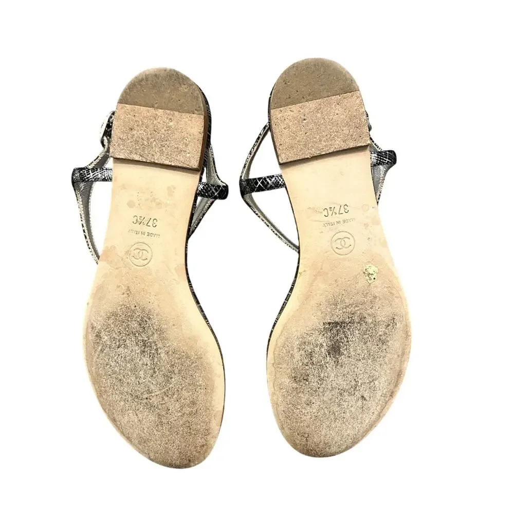 CHANEL Black Metallic Tweed Crystal CC Ankle T Strap Thong Flat Sandals 37.5